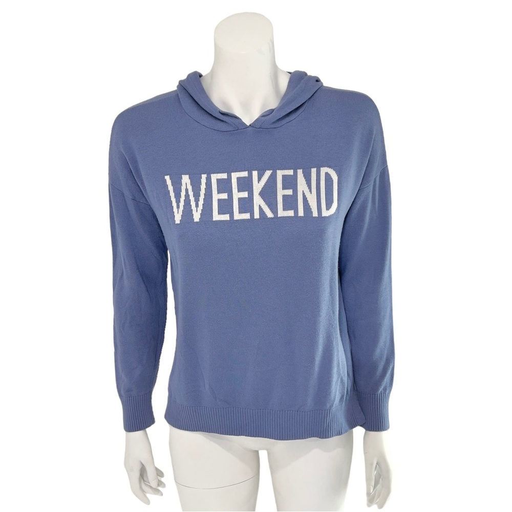 Rachel Zoe Weekend Hoodie Lightweight Knit Sweater Pullover Top Long Sleeve Blue
